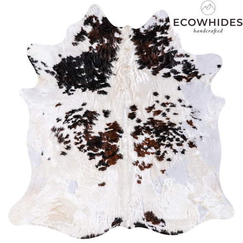 Vintage White Tricolor Cowhide Rug Size 7'4" L x 6'11" W 5528