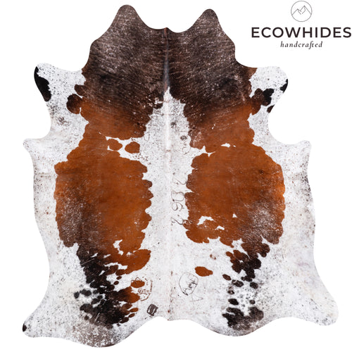 Vintage Chocolate and White Cowhide Rug Size 7'5" L x 6'11" W 5580