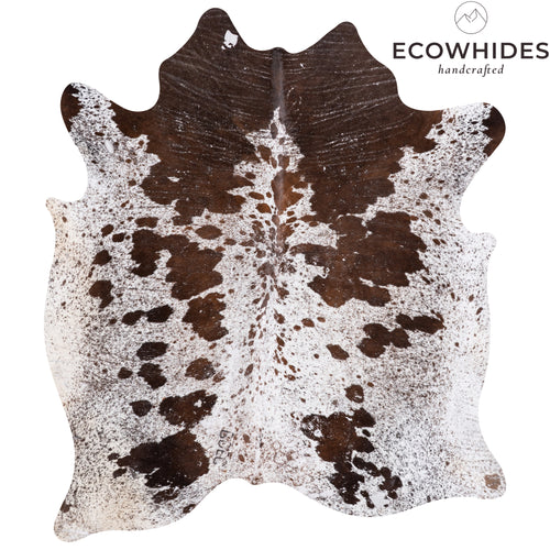 Vintage Chocolate and White Cowhide Rug Size 6'6" L x 5'11" W 5592