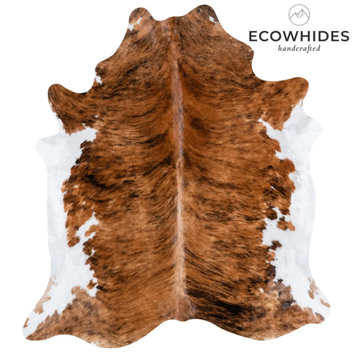 Brindle White Belly cowhide rug with 'Ecowhides' branding on a white background