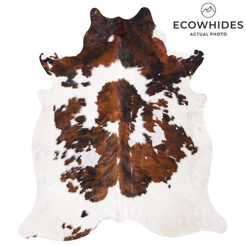 Vintage White Tricolor Cowhide Rug Size 7'5" L x 6'5" W 9715