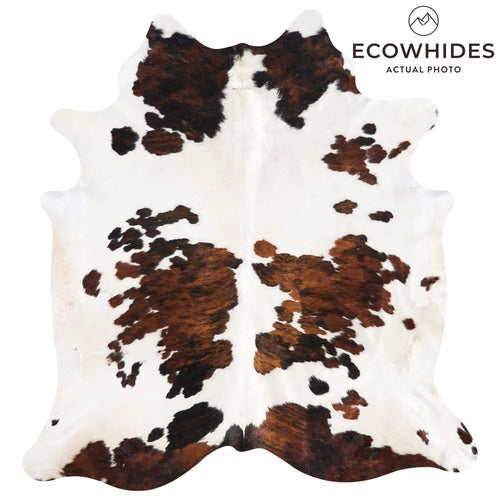 Vintage White Tricolor Cowhide Rug Size 7'4" L x 6'8" W 9805