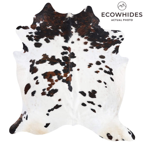 Vintage White Tricolor Cowhide Rug Size 7'10" L x 6'10" W 9825