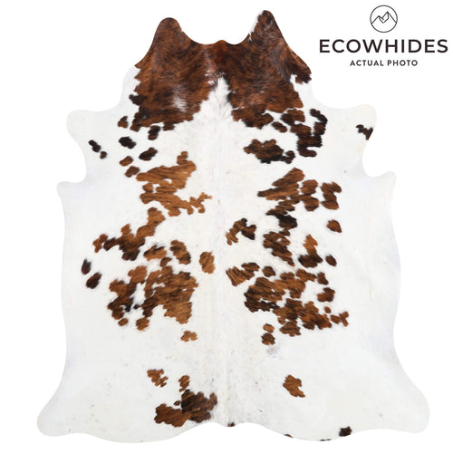 Vintage White Tricolor Cowhide Rug Size 7'6" L x 6'9" W 9854