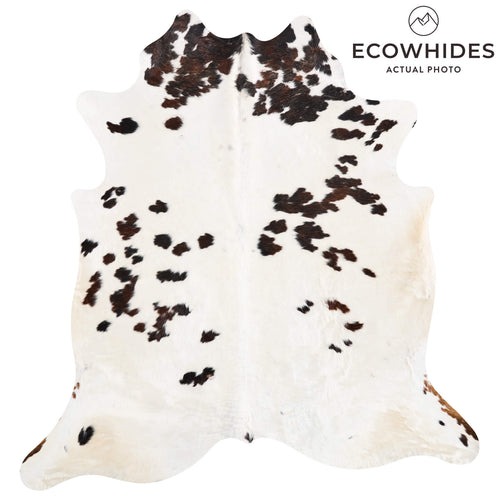 Vintage White Tricolor Cowhide Rug Size 7'3" L x 6'9" W 9858