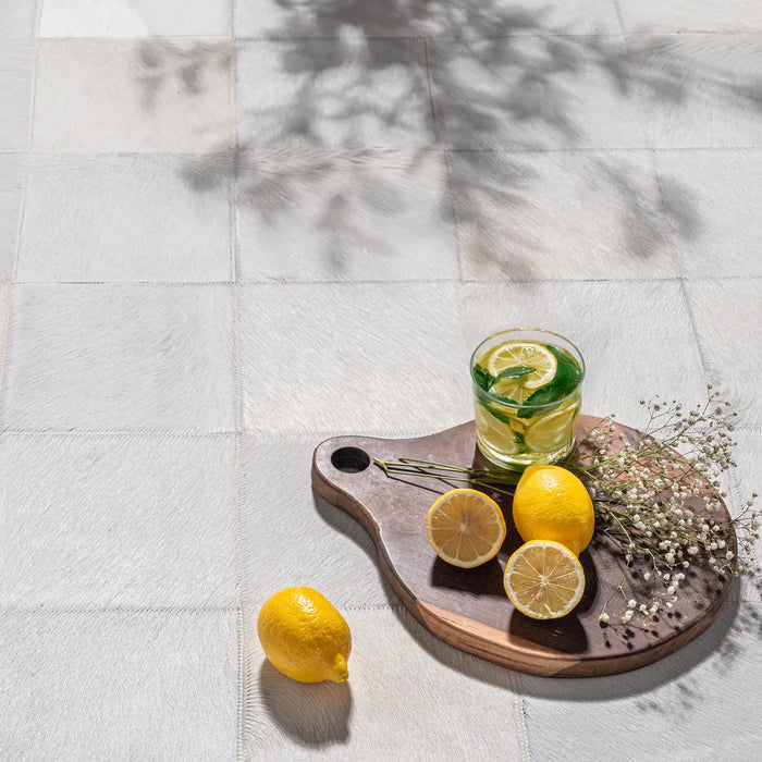 Rhodes White Cowhide Rug, Natural Suede Leather | eCowhides