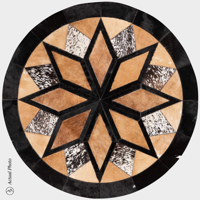 Mandala star pattern round cowhide rug, 50 inches, patchwork cowhide hair-on-hide rug in circular star design