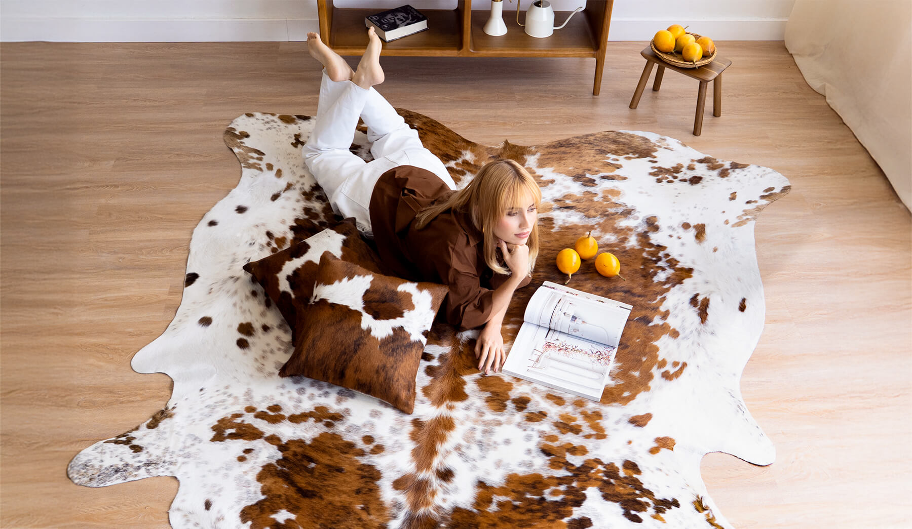 White Tricolor Cowhide Rug Size 7'0