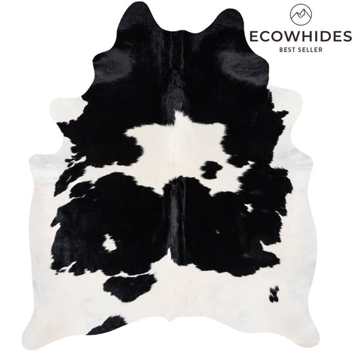 Black and white cowhide rug with Ecowhides branding on a white background