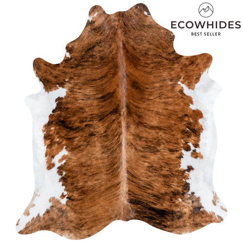 Brindle White Belly cowhide rug with Ecowhides branding on a white background