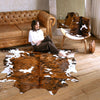 Girl placing a Cowhide Rug on a chair