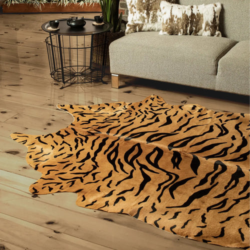 Tiger On Caramel Cowhide Rug , Natural Suede Leather | eCowhides