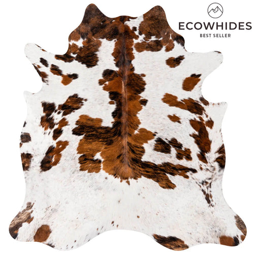 White Tricolor cowhide rug with Ecowhides branding on a white background