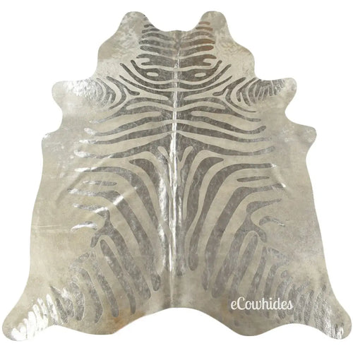 Zebra Silver Metallic On Off White Cowhide Rug , Natural Suede Leather | eCowhides