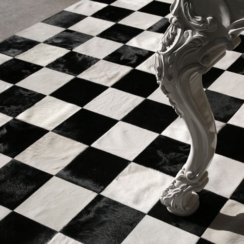 Checkers Black and White Patchwork Cowhide Rug
